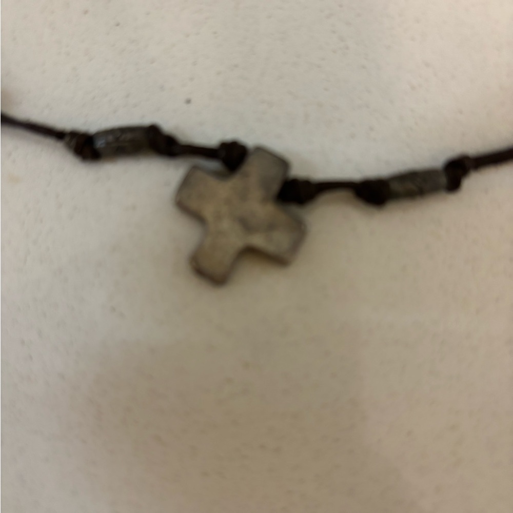 Silver Cross Pendant Necklace Leather Cord - Picture 3 of 4